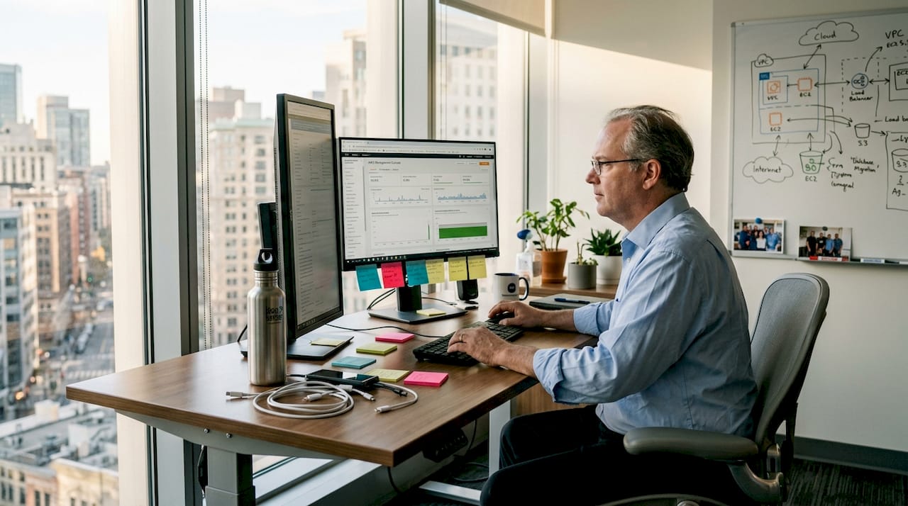 IT manager using AWS automation in corner office