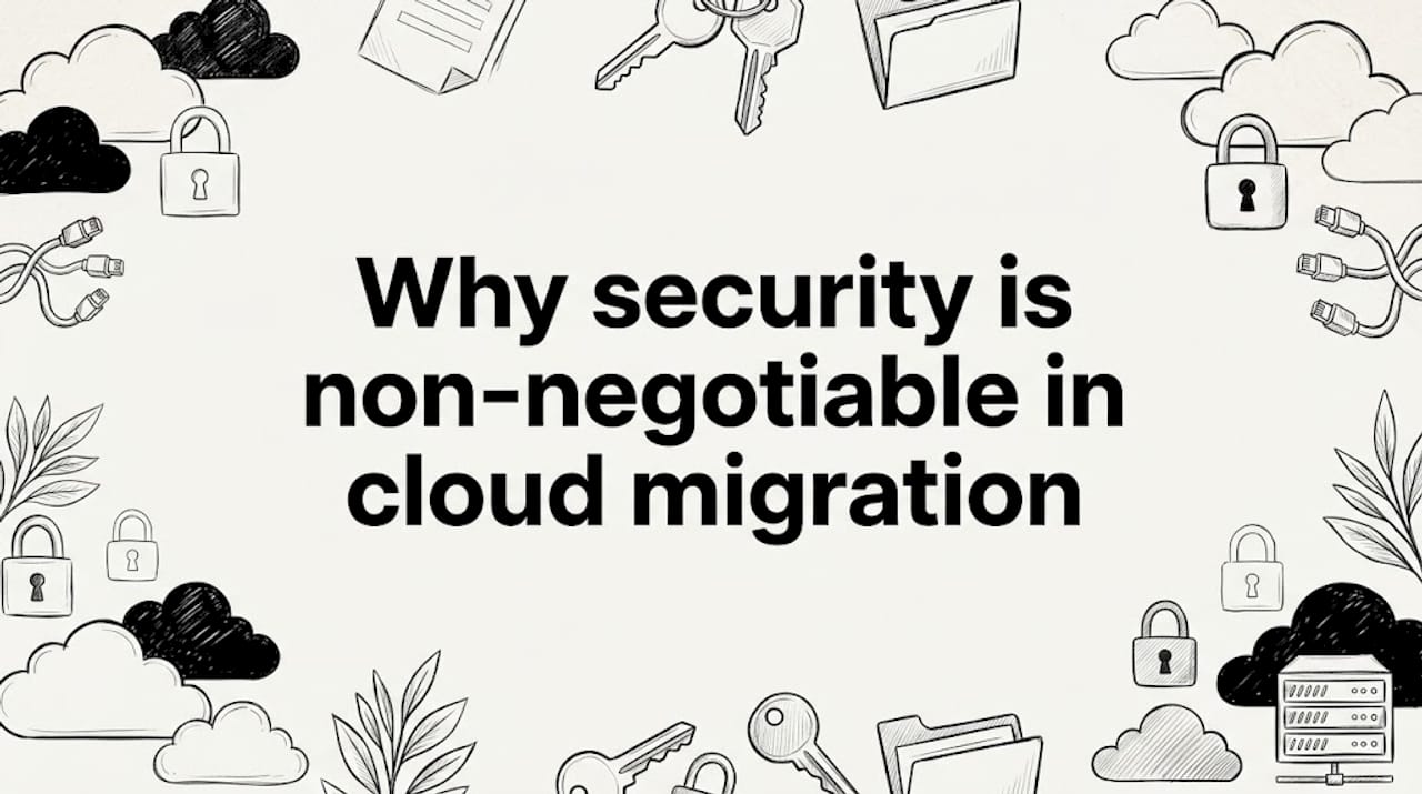 Hand-drawn title card with cloud and security props
