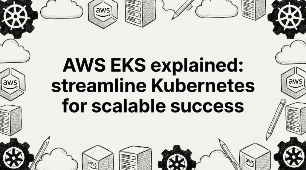 Hand-drawn AWS EKS title card illustration, tech objects in corners