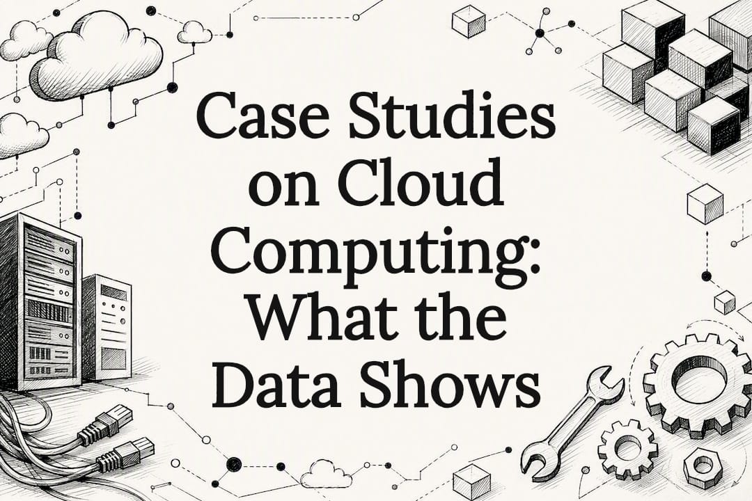 Decorative cloud computing case studies title card illustration